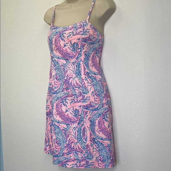 Lilly Pulitzer - Shelli Coastal Blue Maybe Gator Pink Tie Back Mini Dress Size 2 - Picture 5 of 12